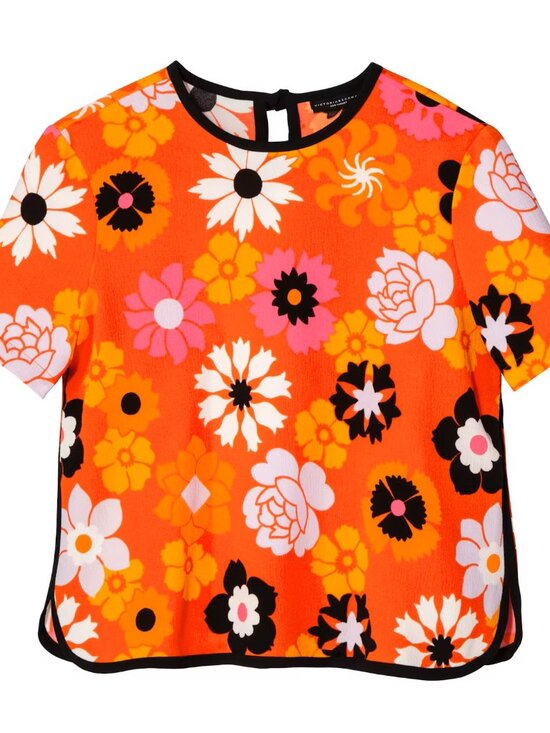 Victoria Beckham for Target Tops - Victoria Beckham for Target Orange Floral Crepe Top Size XS | Retro Short Sleeve